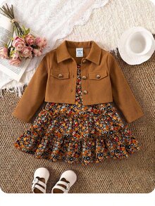 SHEIN Baby Girl Solid Color Single-Breasted Long Sleeve Jacket And Dress Casual Set - Brown - View 7