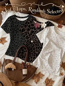 Tween Girls Simple Round Neck Leopard Print Ruched Waist Fitted Short Sleeve T-Shirt, Versatile Style For Spring And Summer - Multicolor - View 1