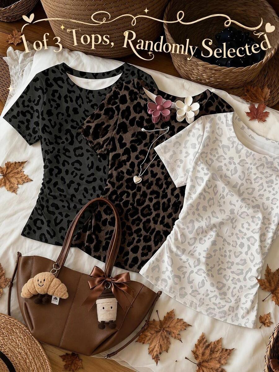 Tween Girls Simple Round Neck Leopard Print Ruched Waist Fitted Short Sleeve T-Shirt, Versatile Style For Spring And Summer - Multicolor - View 1