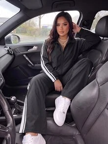 SHEIN EZwear Plus Size Women's Colorblock Long Sleeve Jacket And Pants Casual Daily 2 Pieces Set - Black and White - View 4