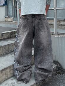STEELVANCE Streetwear Retro Fashion Versatile Distressed Washed Rivet Embroidery Floral Distressed Ripped Frayed Design Loose Straight Wide Leg Casual Denim Jeans (Belt And Accessories Not Included) - Black - View 2