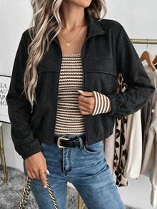SHEIN LUNE 女款休閒街頭風時尚秋冬通勤日常基本款麂皮外套 橄欖綠 適合公路旅行旅遊度假 - 黑色 - 查看 1