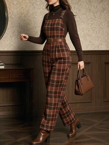 Auvina Plus Size Vintage Plaid Commuter Jumpsuit Fall - Burnt Orange - View 4