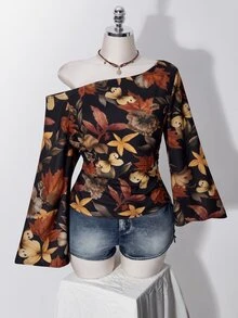 SHEIN ICON 女款休閒浪漫花卉印花大尺碼不對稱肩長袖T恤 - 彩色 - 查看 3