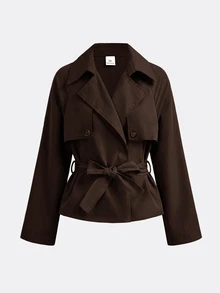 SHEIN 青少年女孩秋季寬鬆休閒極簡舒適收腰優雅短版時尚冬季外套，適合日常優雅通勤穿搭 - 巧克力棕 - 查看 1
