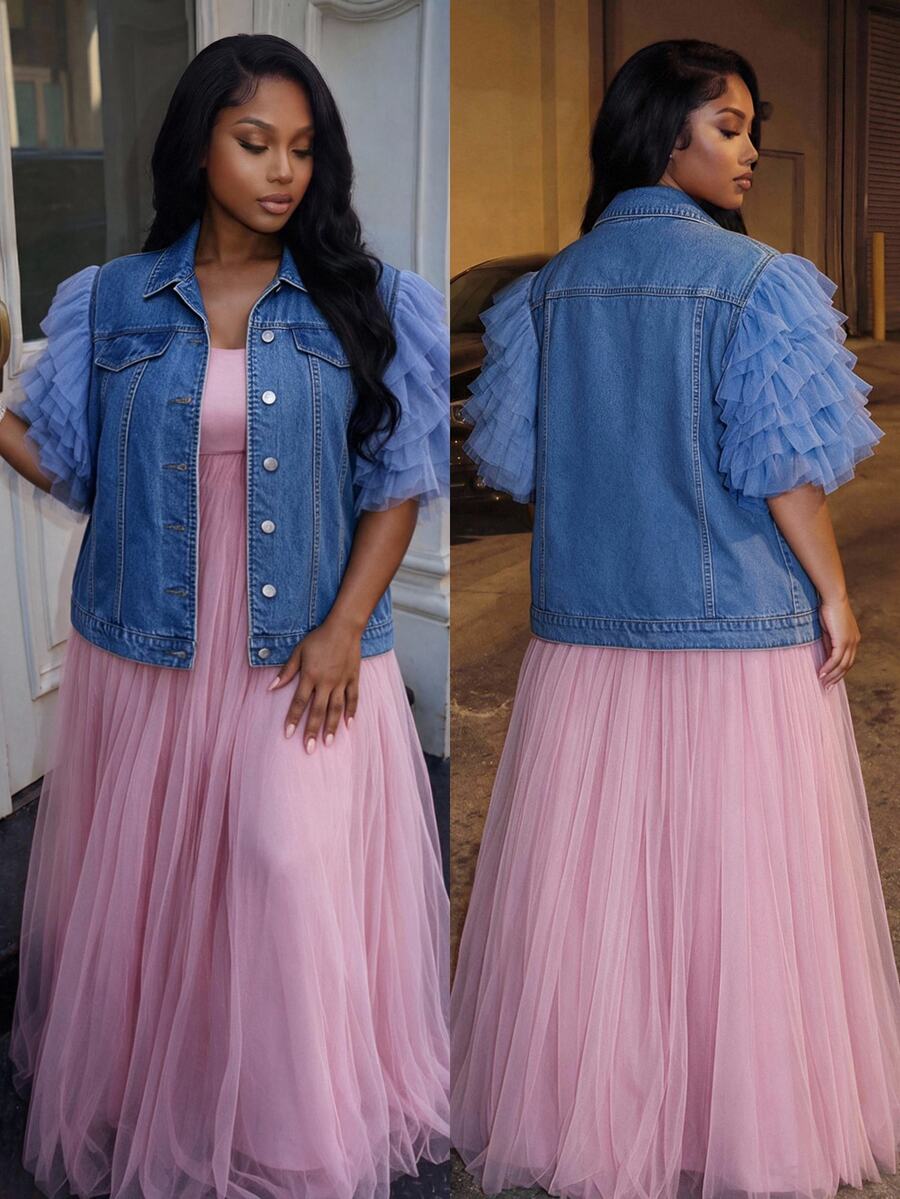 BriallanyX BriallanyX Women's Plus Size Front Button Denim Jacket - Blue - View 1