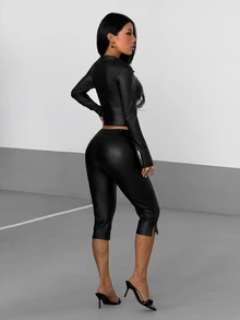 StreetHx Women's Solid Color Elastic Fitted Zipper Top & Drawstring Pants Fashion 2 Pieces Set - Black - View 3