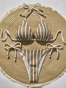 Swim Vcay Women's Summer Beach Striped Halter Tie Sexy Bikini & Triangle Bottom Two-Piece Swimsuit Set - Khaki - View 3