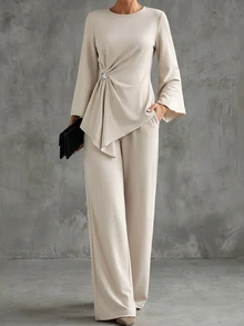 Penseblé European & American Luxury Elegant Solid Color Flutter Sleeve 2 Pieces Set, Exquisite Decorative Twist Knot Ruched Top And High-Waist Elastic Ruched Wide-Leg Long Pants, Silver Hair Grandmother Outfit, Suitable For Wedding, Party, Holiday, Graduation - Beige - View 5