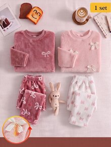 SHEIN 秋冬雙面法蘭絨加厚可愛白色3D蝴蝶結毛絨長袖上衣與粉色/白色粉色蝴蝶結加厚長褲女嬰家居服套裝 - 粉色 - 查看 2
