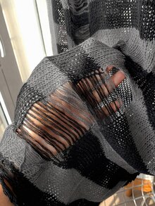 SHEIN EZwear 條紋破洞設計針織毛衣，長袖上衣，秋冬款 - 黑色 - 查看 6