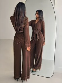 Aloruh Women's Autumn/Winter Party Lace Patchwork Button-Down Shirt And Lace Wide-Leg Pants 2 Pieces Set - Brown - View 4