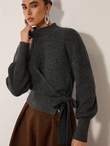 MERLEAU Women's Modern Tie-Front Knit Top - Dark Grey - View 1