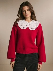 Poéselle Women's Color Block Christmas Sweater, Long Sleeve Casual Pullover Knit Top For Holiday Party Winter Daily Wear Festive Xmas Outfit - Red - View 4