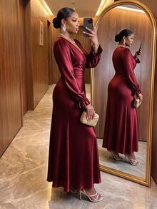 SHEIN Lady CURVE Plus Size Women's V-Neck Pleated Casual Party Dress - Burgundy - View 2