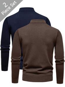 Manfinity Homme Men's 2pcs Half-Zip Pullover Sweater Set, Autumn/Winter - Coffee Brown - View 2