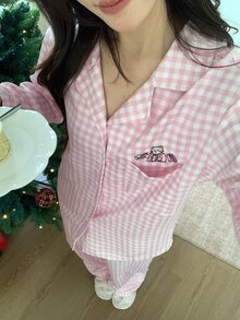 DAZY 2pcs/Set Women's Plaid Cardigan Long Sleeve Top & Straight Leg Long Pajama Pants Sleepwear Set - Pink - View 7