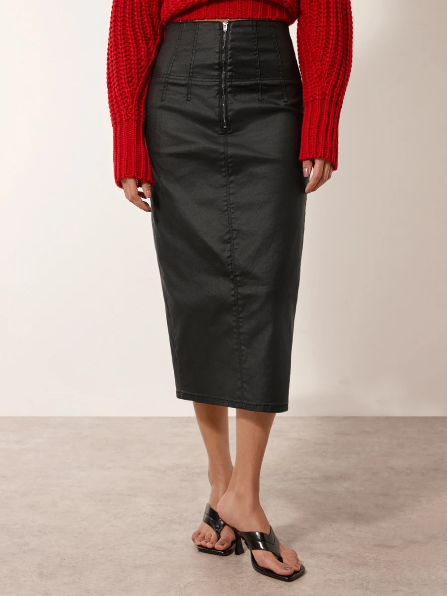 MERLEAU Women's Modern Black Coated Denim Skirt - Black - View 1