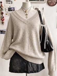 Collagica Collagica Women's Casual Versatile Solid Color V-Neck Loose Sweater - Vanilla Oat - View 1