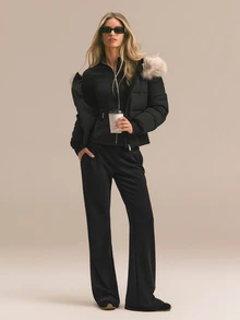 GLOWMODE Winter Glow Convertible Cropped Bomber Jacket With Detachable Faux-Fur Collar & Sleeves And Fleece-Lined Pockets Daily Casual Fall Winter Outdoor Wear - Black - View 8
