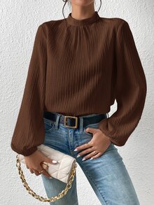 SHEIN Frenchy بلوزة بياقة عالية وفتحة مفتاح في الظهر كاجوال شتوية أنيقة ربيعية - قهوة بني - مشاهدة 1