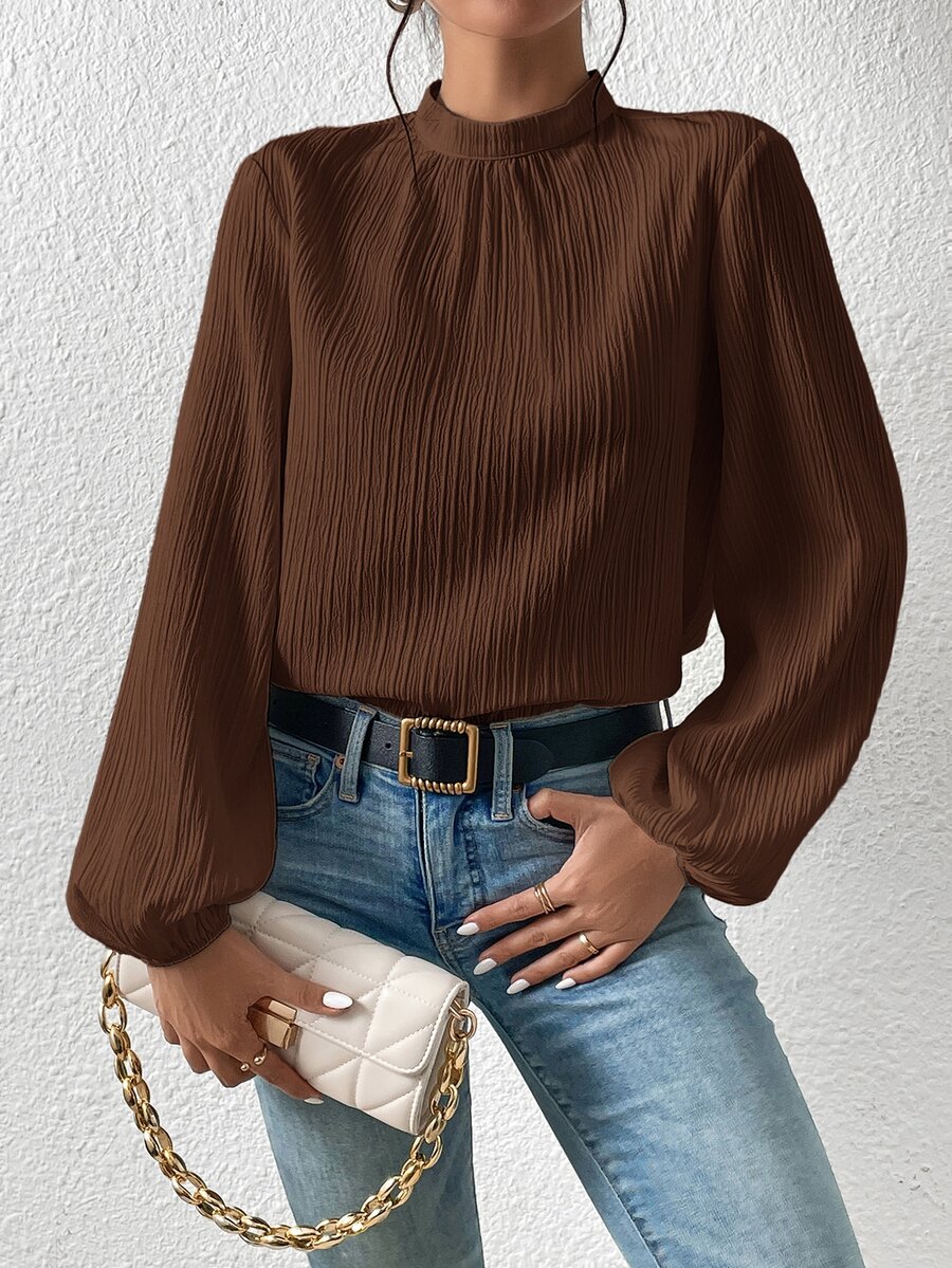 SHEIN Frenchy بلوزة بياقة عالية وفتحة مفتاح في الظهر كاجوال شتوية أنيقة ربيعية - قهوة بني - مشاهدة 1