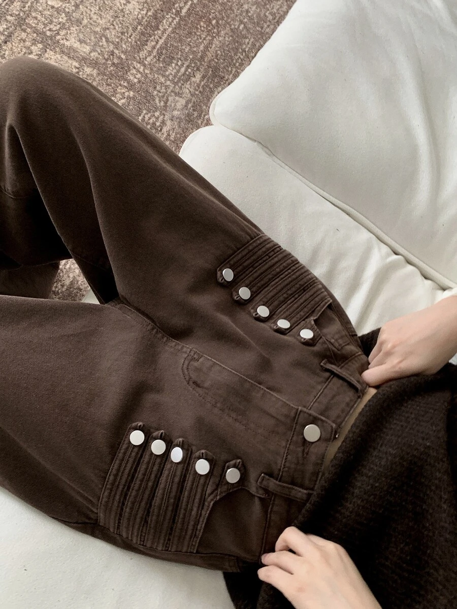 DAZY Women's Button Decor Solid Color Button Pocket Loose Fit Jeans - Brown - View 1