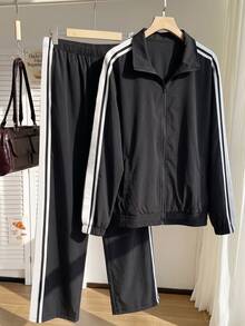 SHEIN EZwear Plus Size Women's Colorblock Long Sleeve Jacket And Pants Casual Daily 2 Pieces Set - Black and White - View 10