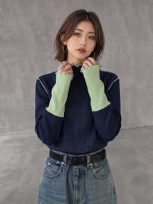 FRIFUL 女款小立領長袖修身袖口拼接色波浪下擺裝飾休閒套頭T恤 - 藏蓝色 - 查看 2
