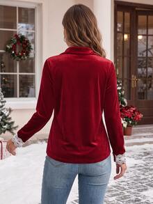 SHEIN Women's Lace Trim Casual Versatile Daily Wear Blouse - Burgundy - View 3