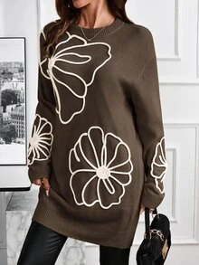 EMERY ROSE Women Cold Shoulder Long Sleeve Embroidered Knit Sweater Dress In Autumn Formal Party Going Out Black Floral Elegant Casual - Brown - View 4