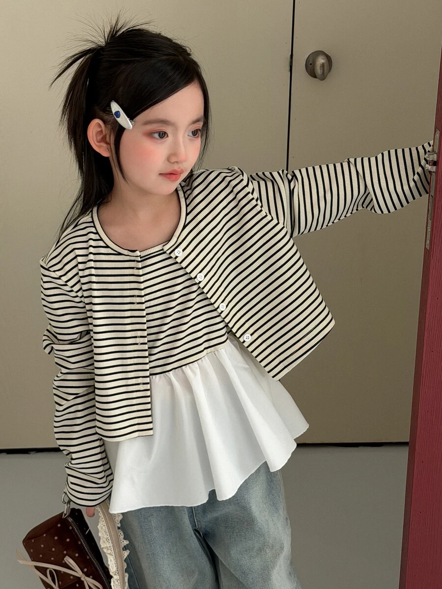 Dazy Kids مجموعة تي شيرت كاجوال من قطعتين للبنات (كبير) بتصميم مخطط وأكمام طويلة + توب بدون أكمام بتصميم باتشوورك - بيج - مشاهدة 1