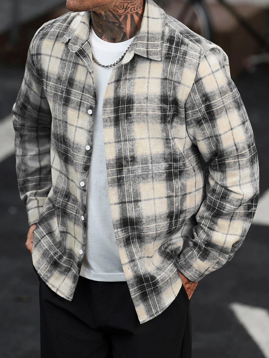 Manfinity CasualCool 男士休閒時尚單排釦格紋長袖襯衫 - 彩色 - 查看 1