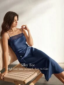 Ocili Women's Solid Color Lace Patchwork Camisole Nightgown - Navy Blue - View 1