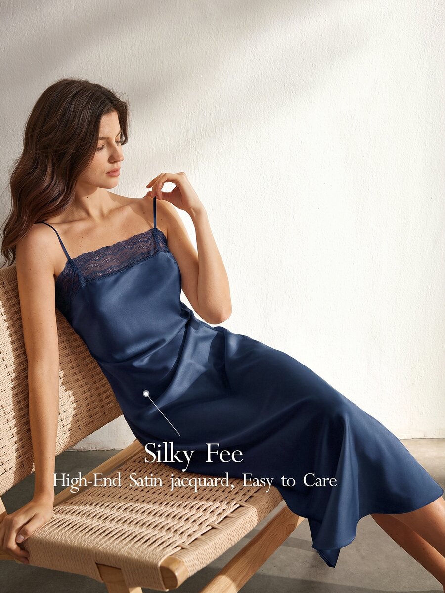 Ocili Women's Solid Color Lace Patchwork Camisole Nightgown - Navy Blue - View 1
