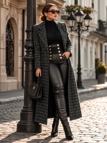 Velvienne Plus Size Women's Plaid Versatile Winter Padded Coat - Black - View 1