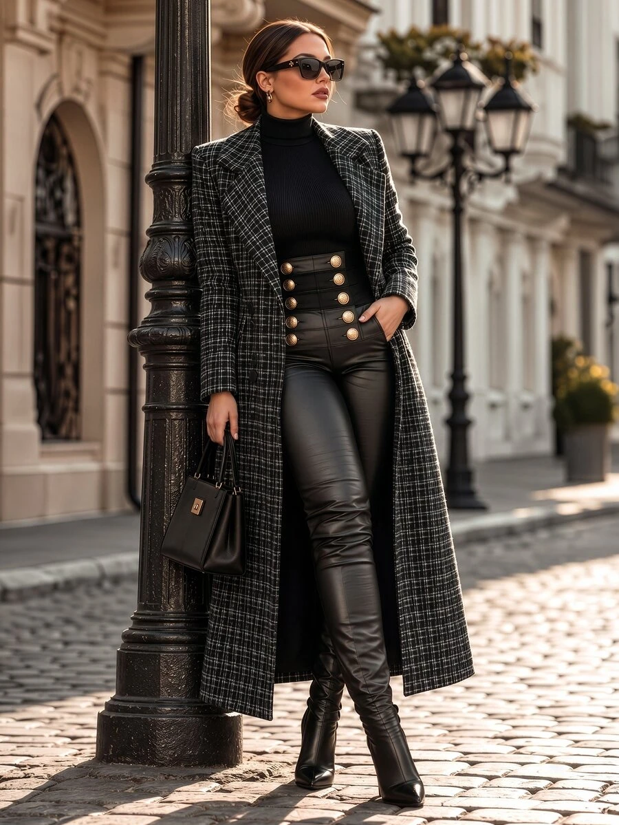 Velvienne Plus Size Women's Plaid Versatile Winter Padded Coat - Black - View 1