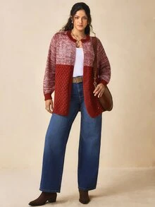Nubod Cardigan Rajut Lengan Panjang Kancing Depan, Longgar, Kasual, Ukuran Plus, Modis, Serbaguna - Redwood - View 5