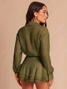Silquee Fashionable Sexy Commute Night Out Date Night Solid Color Ruffle Mini Dress Black Autumn - Green - View 2