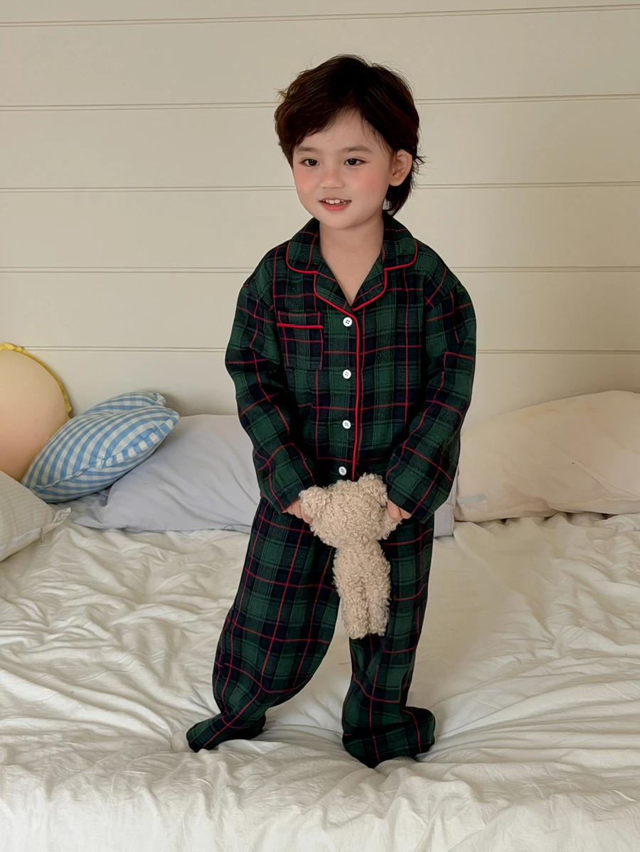 Dazy Kids Infant (Boy) Turn Collar Plaid Korean Style Long Sleeve Loungewear - Green - View 1