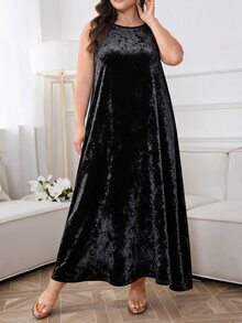 Al Najma Đầm nhung nữ size lớn cổ tròn thanh lịch đa năng, phù hợp mặc phối lớp, mùa thu/đông - màu đen - Xem 1