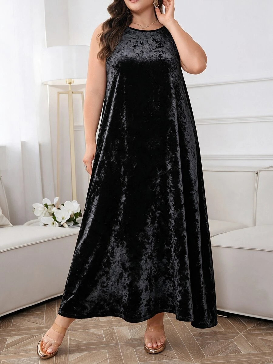 Al Najma Đầm nhung nữ size lớn cổ tròn thanh lịch đa năng, phù hợp mặc phối lớp, mùa thu/đông - màu đen - Xem 1