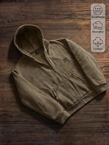 SWAVVY Men's Spring Autumn Winter Casual Loose Zip-Up Hoodie Sweatshirt, Standard Size, Plain With Snowflake Pattern - Brown - View 2