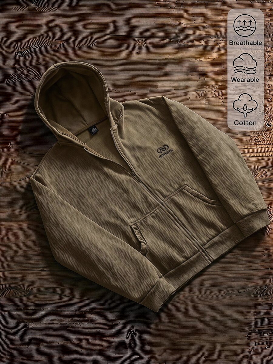 SWAVVY Men's Spring Autumn Winter Casual Loose Zip-Up Hoodie Sweatshirt, Standard Size, Plain With Snowflake Pattern - Brown - View 1