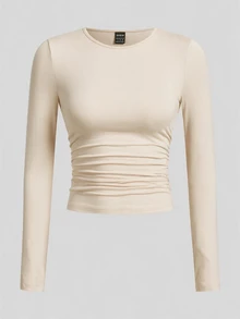 SHEIN EZwear 黑色卡其色深棕色白色針織女款圓領長袖抓皺緊身T恤，日常秋季極簡基礎簡約款 - 彩色 - 查看 3