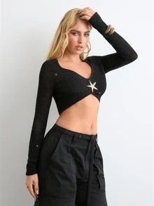 BAD SUNDAY Women's Fall/ Sexy Vintage Y2K Knit Cropped Top Night Out Club Black - Black - View 6