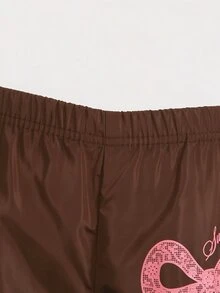 SHEIN 女童甜酷韓系棕色寬腿休閒長褲，粉色蕾絲蝴蝶結字母印花鬆緊腰兒童運動長褲，輕量光滑抗皺面料寬鬆直筒褲，適合日常上學、戶外出遊、購物與散步 - 棕色 - 查看 5