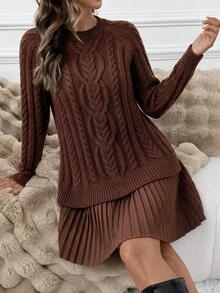 SHEIN Clasi Women's Solid Color Casual Daily Knit Dress - Brown - View 3