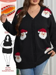 SHEIN CURVE+ 大尺碼女款單排扣V領長袖聖誕老人圖案針織開襟衫 - 彩色 - 查看 1