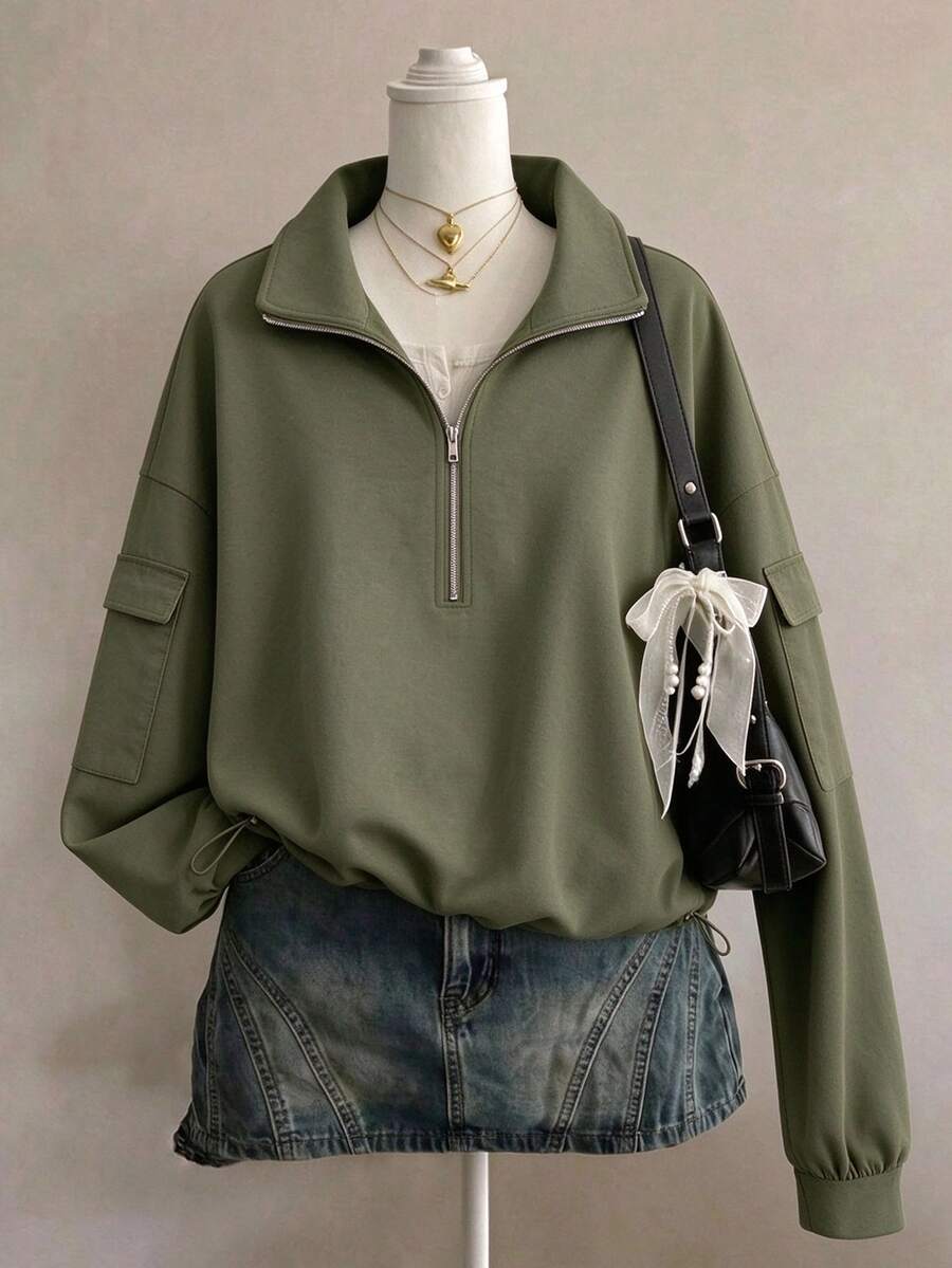 QUELARIE Women's Solid Color Drop Shoulder Long Sleeve Vintage American Style Half Zip Niche Sweatshirt Pullover Fall - Green - View 1